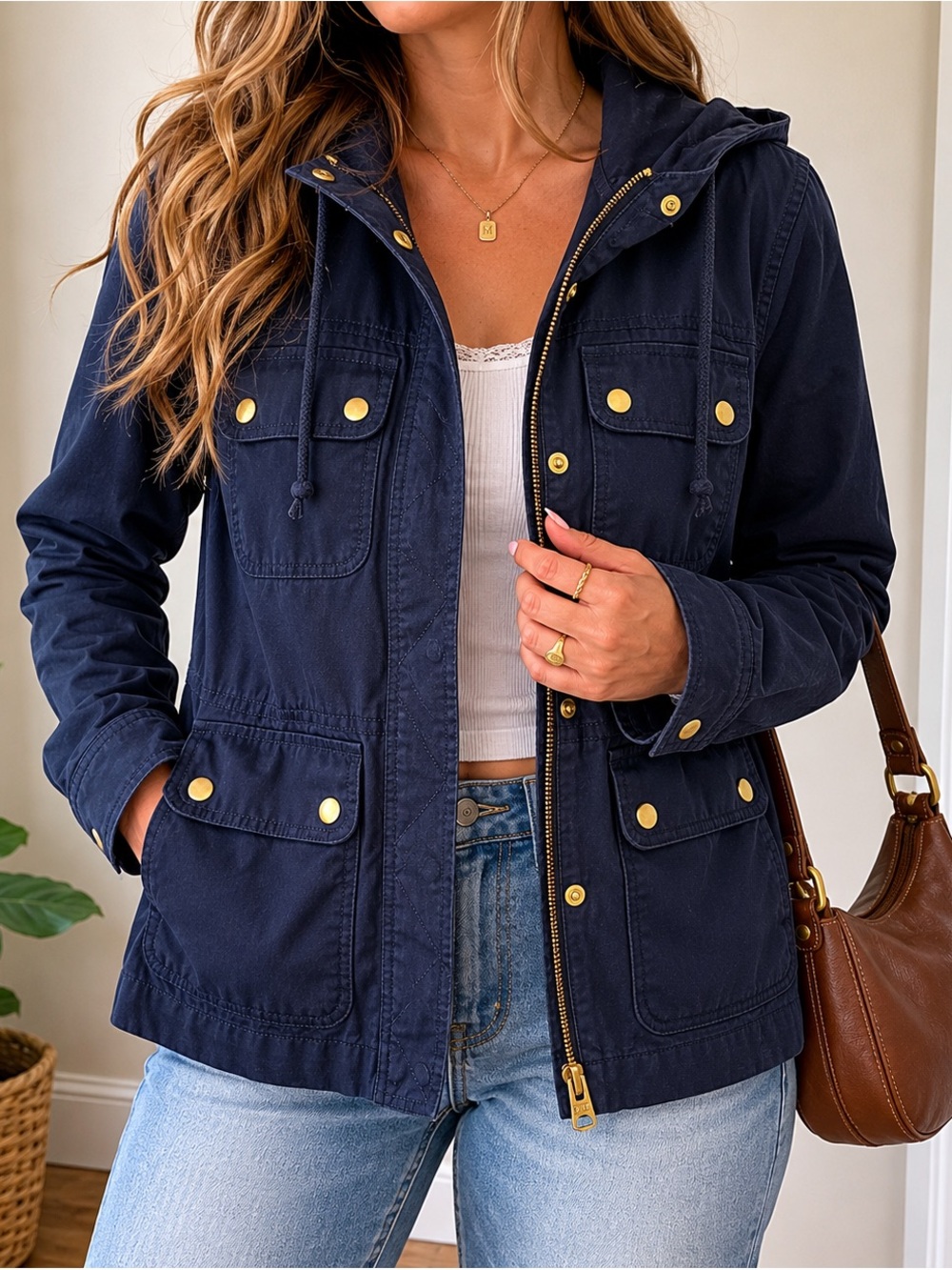 J.Crew Navy Utility Jacket Women’s Medium Hooded Anorak Cargo Coat coastal chic